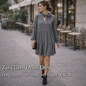 Zara Tiered Mini Dress Long Sleeve Tie Neck Grey Polka Dot SZ M